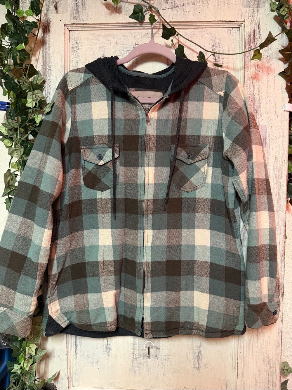Plaid Zip-Front Hooded Jean Jacket in Teal & Brown 104LS